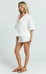 Saina Two Piece Set - Button Through Shirt and Drawstring Shorts Set in White