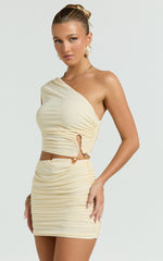 Sakura Two Piece Top and Skirt Set - One Shoulder Ruched Top And Fitted Jersey Mini Skirt in Ivory
