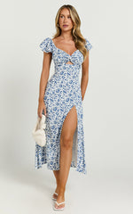 Sally Midi Dress - Flutter Sleeve Cut Out Thigh Split Dress in Blue Floral