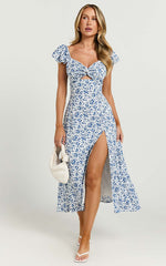Sally Midi Dress - Flutter Sleeve Cut Out Thigh Split Dress in Blue Floral