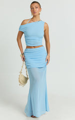 Salma Two Piece Top and Skirt Set - Georgette Asymmetric Top and Fit And Flare Maxi Skirt Set in Sky Blue