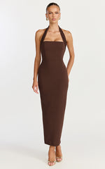 Salome Midi Dress - Halter Neck Column Dress in Chocolate