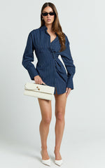 Sanya Mini Dress - Cinched Waist Stripe Dress in Navy Pinstripe
