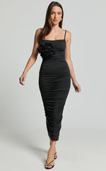 Scarlett Midi Dress - 3D Floral Corsage Ruched Bodycon Dress in Black