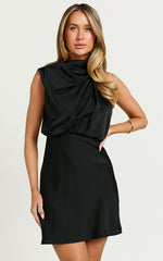 Schantal Mini Dress - Drape Neck Satin Slip Dress in Black