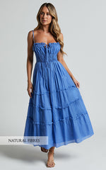 Schiffer Midi Dress - Strappy Ruched Tie Front Tiered Dress in Blue