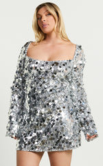 Selena Mini Dress - Flare Sleeve Disc Sequin Dress in Silver