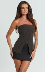 Selena Top - Longline Strapless Asymmetric Tailored Top in Chocolate