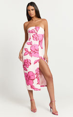Shantelle Midi Dress - Strapless Bodycon Back Split Dress in Bouquet Di Fiori Print