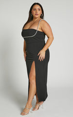 Sharley Midi Dress - Diamante Detail Pencil Dress in Black