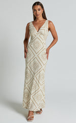 Sharlyn Midi Linen Blend Dress - Deep V Neck Sleeveless Slip Dress in Beige Sun Print