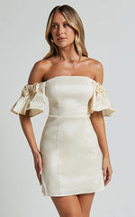 Shauna Mini Dress - Off Shoulder Rosette Detail A Line in Oyster
