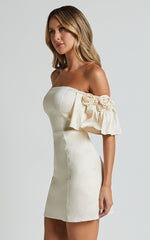 Shauna Mini Dress - Off Shoulder Rosette Detail A Line in Oyster
