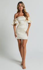 Shauna Mini Dress - Off Shoulder Rosette Detail A Line in Oyster