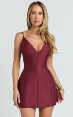 Sheeran Mini Dress - Plunge A Line Dress in Wine
