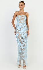 Sienna Maxi Dress - 3D Floral Strapless Column Dress in Blue
