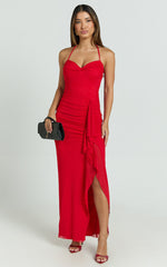 Silvana Midi Dress - Halter Ruched Side Split Dress in Red