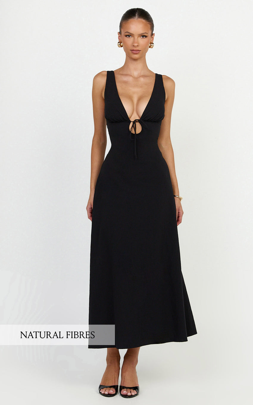 Silvena Midi Dress - Plunge Neckline Tie Front A Line Dress in Black