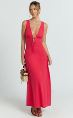 Silvena Midi Dress - Plunge Neckline Tie Front A Line Dress in Red