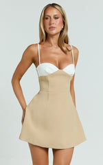 Simona Mini Dress - Contrast Neck Tulip Skirt Dress in Beige