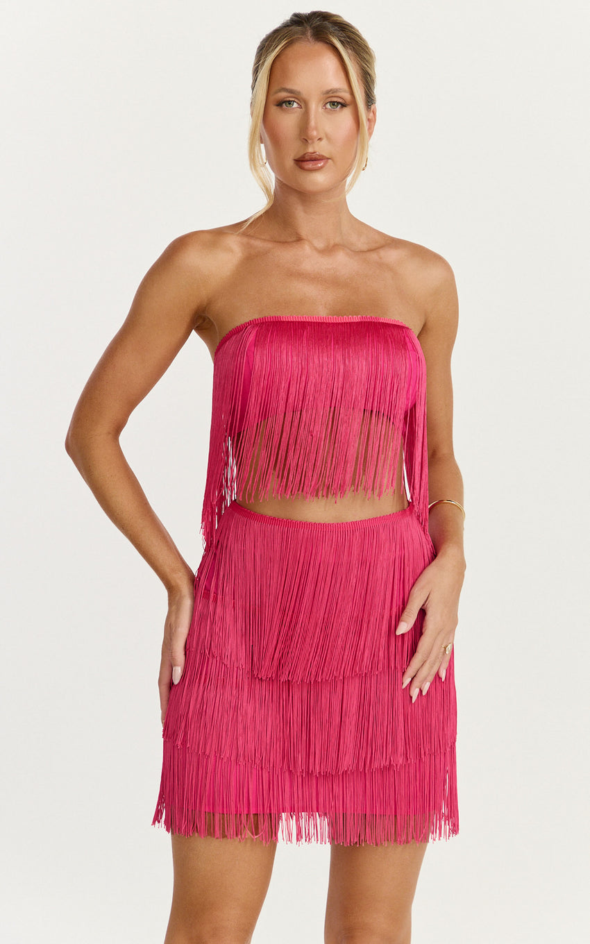 Siofra Two Piece Set - Fringe Crop Top and Mini Skirt Set in Hot Pink