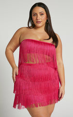 Siofra Two Piece Set - Fringe Crop Top and Mini Skirt Set in Hot Pink