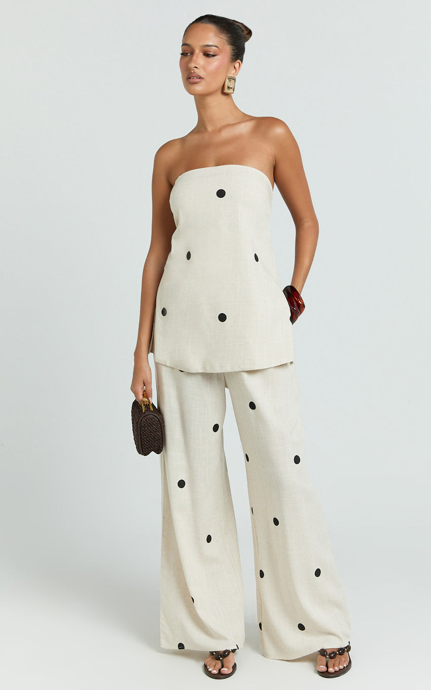 Skye Two Piece Set - Strapless Longline Top and Pant Set in Natural Polka Dot