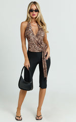 Spencer Top - Jersey Halter Tie Neck Wrap Top in Tonal Leopard