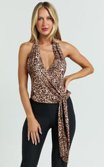 Spencer Top - Jersey Halter Tie Neck Wrap Top in Tonal Leopard