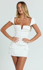 Stacey Two Piece Top and Skirt Set - Cap Sleeve Square Neck Top And Mid Rise Mini Fitted Skirt in White