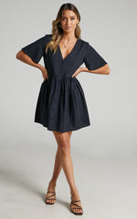 Staycation Mini Dress - Smock Button Up Dress in Black
