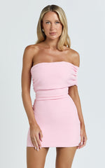 Stefanie Mini Dress - Ruched One Shoulder Dress in Pale Pink