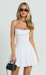 Stefanie Mini Dress - Scoop Neck Drop Waist Pleated Dress in White