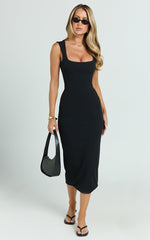 Stella Midi Dress - Square Neck Cap Sleeve Fitted Dress in Black
