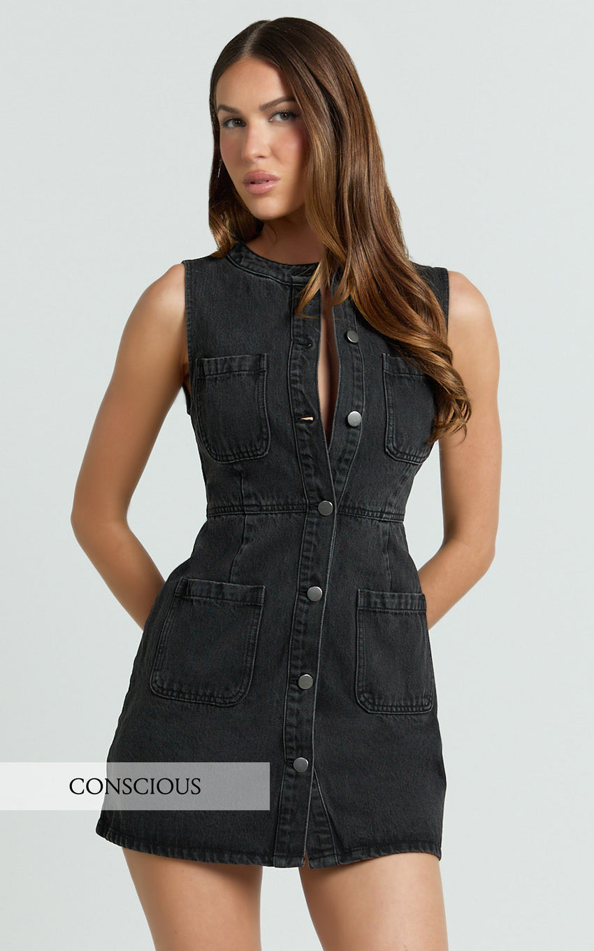 Stephanie Mini Dress - Scoop Neck Pocket Detail Recycled Denim Dress in Washed Black