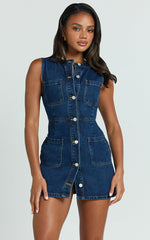 Stephanie Mini Dress - Scoop Neck Pocket Detail Recycled Denim Dress in Indigo Wash