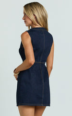 Stephanie Mini Dress - Scoop Neck Recycled Denim Dress with Hardware in Raw Indigo