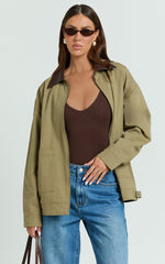 Susie Jacket - Contrast Collar Trucker Jacket in Khaki