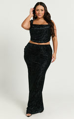Suzette Two Piece Top and Skirt Set - Velvet Corset Maxi Skirt Set in Black