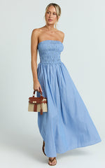 Swanson Midi Dress - Strapless Smocked Dress in Blue Stripe