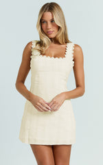 Sylvia Mini Dress - Square Neck Lace Trim A Line Mini Dress in Yellow