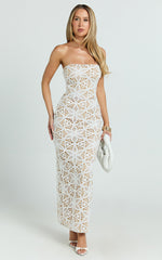 Tamika Midi Dress - Crochet Strapless Column Dress in White