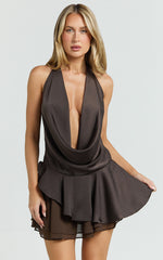 Tanisha Mini Dress - Halter Cowl Neck Asymmetrical Skirt Dress in Chocolate