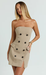 Tansy Mini Dress - Strapless Tailored Bodycon Dress in Tan