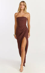 Tara Maxi Dress - Strapless Corset Drape Skirt Dress in Chocolate