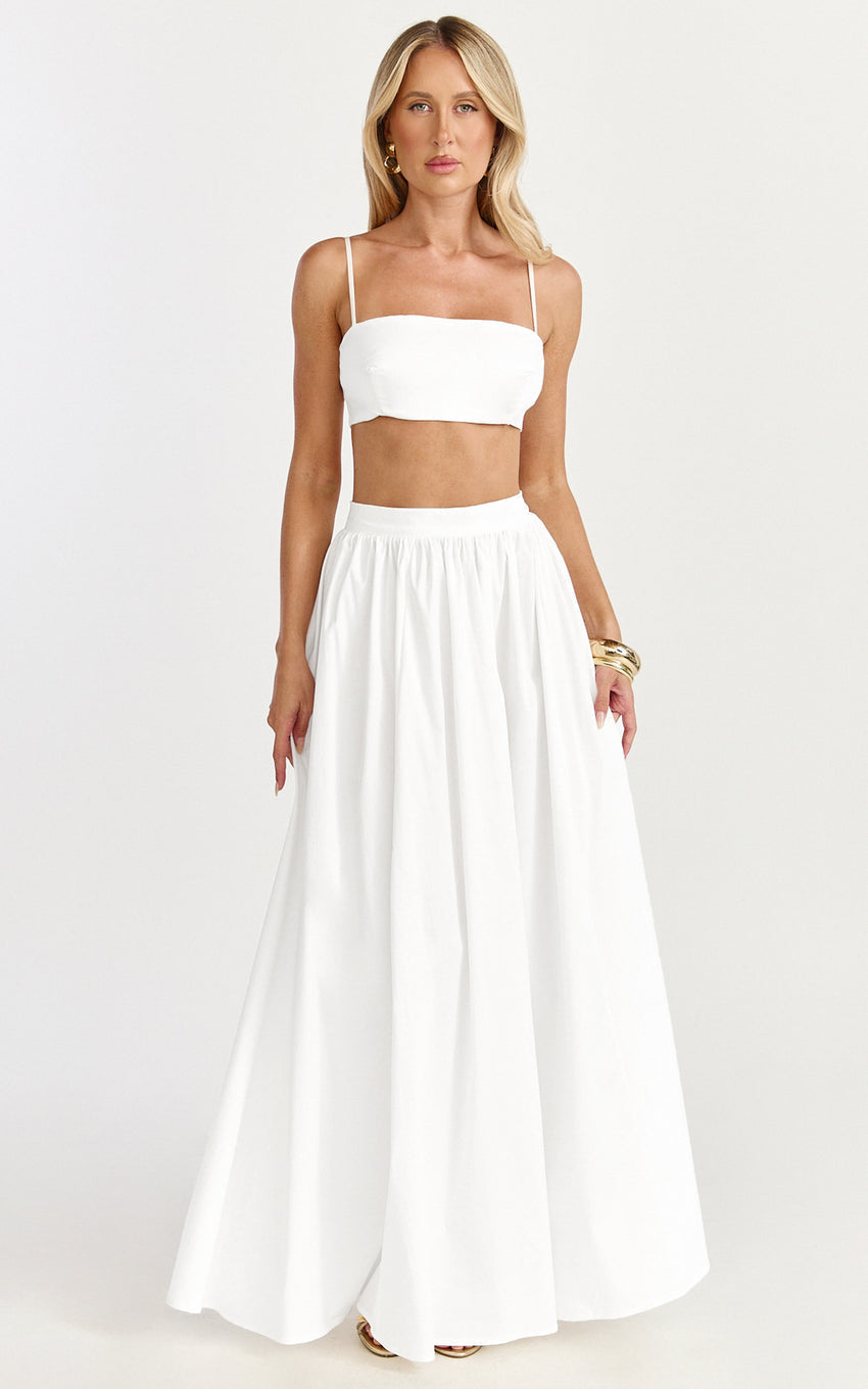 Tegan Two Piece Set - Straight Neck Micro Crop Top and A Line Maxi Skirt Set in White