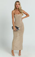 Terri Midi Dress - Diamante Square Neck Bodycon Dress in Nude