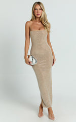 Terri Midi Dress - Diamante Square Neck Bodycon Dress in Nude