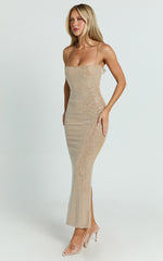 Terri Midi Dress - Diamante Square Neck Bodycon Dress in Nude