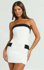 Terry Mini Dress - Straight Neck Contrast Trims Fitted Dress in White